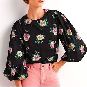 Boden Floral Puff Sleeve Cotton Poplin Top US 2